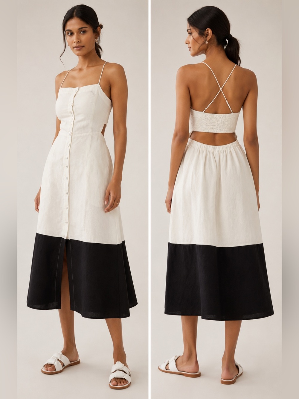 Maeve Anthropologie Linen Blend Colorblock Midi Dress Black White M NWT $158